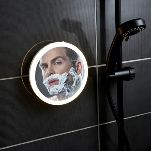 SelectTraders LED Bathroom Mirror with Bluetooth Shower Speaker, Rechargeable, IPX6 Waterproof, 3 Brightness Levels