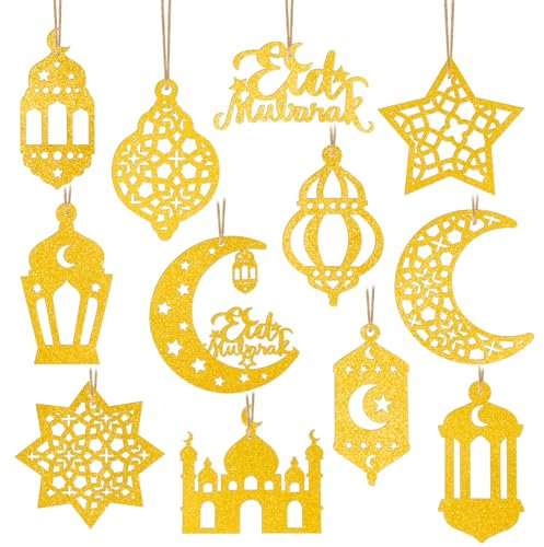 BOOMTOP 12 Stück Ramadan Deko Anhänger Eid Mubarak Ornament Papier Glitzer Zuckerfest Dekoration zum Aufhängen Tischdeko Gold Mond Sterne Eid al-Fitr Muslimischen Islam Dekoration