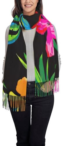 Hawaiianischer Damenschal mit bunten Blumen, warmer Kaschmir-Schal, weicher Wickelschal, Pashmina-Gefühl, Schal mit Quaste, Schwarz, Einheitsgröße