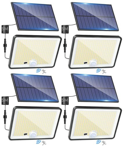 LOTMOS 4 Paquete Luz Solar Exterior Jardin, 342LED/Mando a Distancia Focos Led Exterior Solares Sensor De Movimiento, IP65 Impermeable Lampara Solar, 3 Modos Luces Solares Led Jardin, Garajes
