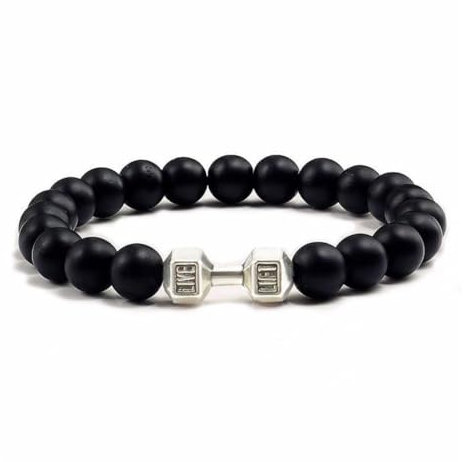 Hantel-Armband für Herren, Fitnessstudio, Fitness, Barbell-Armband, natürlicher vulkanischer Lavastein, verstellbar, natürlich, schwarz, matt, Steinperlen, Armband, Fitness, Langhantel-Schmuck für