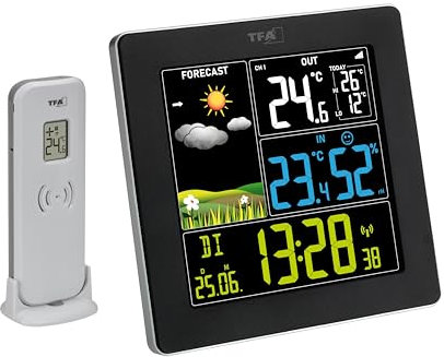 TFA Dostmann Wetterstation Funk mit Außensensor SUN2 digital, 35.1174, für Innen und Außentemperatur, großes Farbdisplay, mit Wohnklima, inkl Funkuhr mit Datum, Hygrometer, mit Netzadapter, schwarz