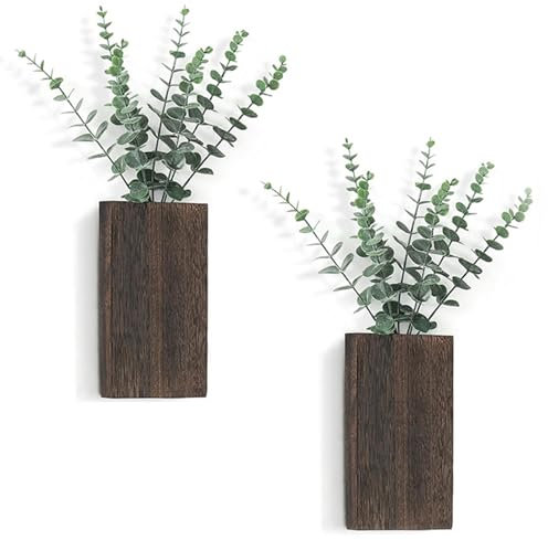 NASSMOSSE Wall Planter, 2PCS Wooden Plant Wall Decor Vase with Artificial Eucalyptus, Wall Hanging Planter, Vertical Wall Decor for Bedroom Living Room Home Office Decor
