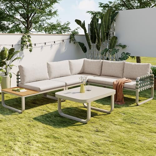 YESGIGA Garten Lounge Set, Grünes Leder Rattan Gartenmöbel Set, Modernes Outdoor Sofa Set inkl. Aller Sitz- und Rückenkissen, Balkonset, Garten und Terrasse, Aprikose
