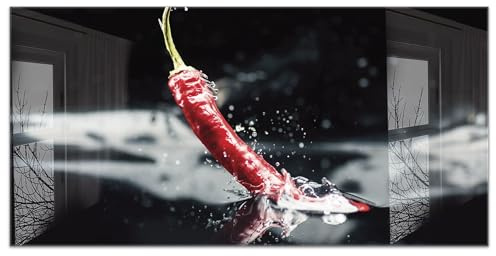 timalo Küchenbild aus Acrylglas modernes Wandbild Glasbild Deko Küche XXL Bild wie Glas | 100x50cm Chili Splash, rote Peperoni, Chillischote, Gewürze, exotische Küche, Food Art