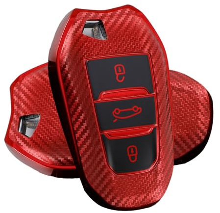 ATFIGII Schlüsselhülle kompatibel mit Peugeot 208 308 508 3008 5008 Autoschlüssel Hülle für Opel Crossland X Astra ST Schlüsselschutz TPU Schlüsseletui Keyless 3 Tasten Rot-KohlefaserTextur