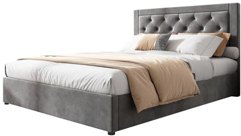 Polsterbett mit abhebbarem Bettkasten beidseitig, Samtstoff bezogenes Kopfteil mit Rautenmuster und Knopfdetails, stabile Konstruktion mit Metallrahmen, gepolstertes Design für modernes Schlafzimmer