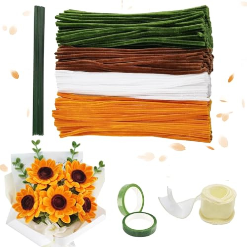 Pfeifenreiniger Blumenset zum Basteln, 300pcs Pfeifenputzer zum Basteln Set 4 Farben, Blumenstrauß Pfeifenreiniger Set, Flexibel Verdickt Chenilledraht, mit Klebeband Blumendraht Band Bänder (C)