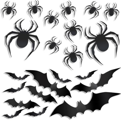 FIMWOLZ 24 Uds Decoración Halloween Terrorífica, Adhesivos de Murciélagos y Arañas para Paredes y Ventanas, Ideal para Fiestas de Cumpleaños (Arañas en 3 Tamaños, Murciélagos en 4 Tamaños)