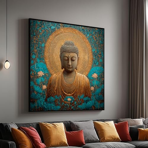CAOXTART Goldener Buddha auf Leinwand, Zen-Meditations-Wandbild, Poster und Drucke mit Lotusblumen-Hintergrund, Ruhige Wohndekoration (80x80cm/Rahmenlos)