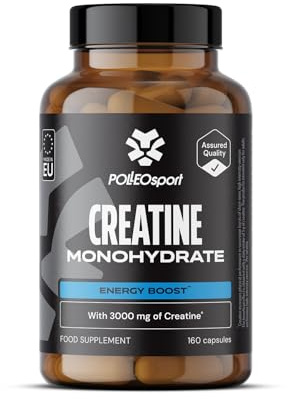 Polleo Sport Creatine Monohydrate - 160 Kapseln - Reines Kreatin Monohydrat - Für Kraft, Leistung & Muskelaufbau - Hochdosiert & Geschmacksneutral - Fitness & Bodybuilding Supplement