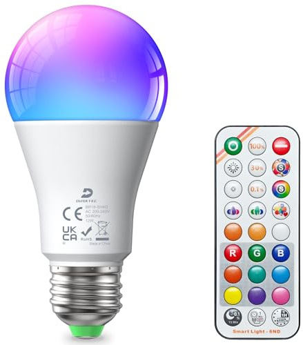 DUSKTEC Lampadine LED Colorate E27 12W 1300 Lumen (Equivalente 100W), RGBW Calda e Fredda Dimmerabile con Telecomando, Regolazione Colori e Intensità, Modalità Sonno con Luce Rossa & Timer, 1 Pezzis
