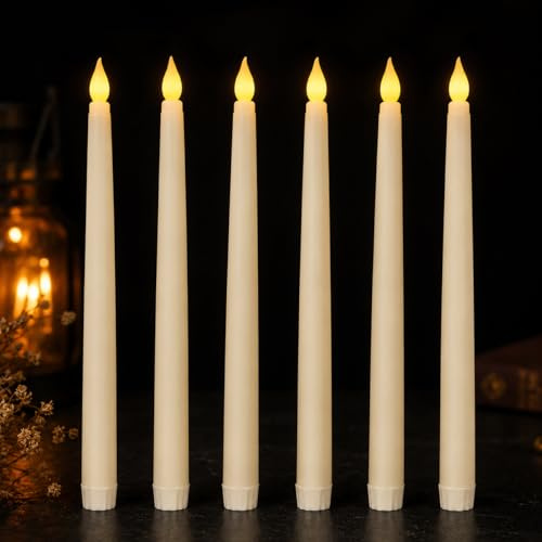 Battery Candles LED Taper Candles Flickering 6 Pack Flameless Candles | Off-White Candle Body, Warm Yellow Glow, Realistic Flickering Effect, Battery Operated Design, Wedding Table Decor