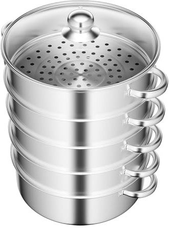 MEHOOSPVN 5-lagiger Edelstahl Dampfgarer, 28cm Großem Ampfkocher Schongarer, Induktion Slow Cooker mit Glasabdeckung für Gemüse Knödel Kochgeschirr in der Küche