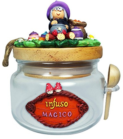 Paolo Chiari Empolese Glass Infusion Jar with Lid and Wooden Spoon, Decoration in Hand-Painted Marmoresina, Multicoloured (Witch - Magical, 400 ml)