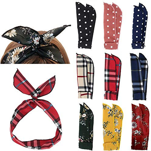 Carede Twist Bow Wire Headbands Head Wrap Retro Bowknot Polka Dot Lattice Design Rabbit ear Wired Hairbands Hair Holder Hair Accessory for Women and Girls,Pack of 9