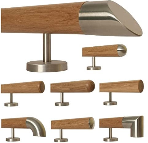 TIBU Eiche Holz Handlauf Geländer 0,3m - 6m, Länge 270 cm, schräges Edelstahlendstück und 4 gerade Halter