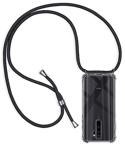 Casecool Handykette kompatibel mit Xiaomi Redmi Note 8 Pro, Handyhülle Smartphone Necklace Hülle mit Band Schutzhülle Kordel zum Umhängen Transparent Weich TPU Silikon Tasche, Schwarz