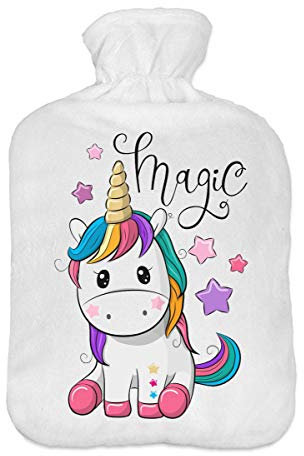 Wärmflasche mit Pullover Bezug 2 Liter Bettflasche mit schönen Fleece-Druck Bezug Gummi Wärmflasche mit Deckel Einhorn [092]