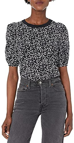 Amazon Essentials Women's Regular-Fit Puff Short-Sleeve Crewneck T-Shirt, Black White Abstract Animal, S