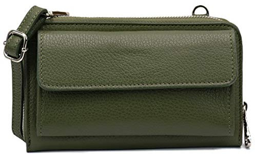 SH Leder Damen Handytasche Umhängetasche Geldbörse Multifunktion Beutel aus Echtleder Verstellbar Schultergurt Handy bis 6,7 Zoll 11,50x19cm Vera G368 (Olivgrün)