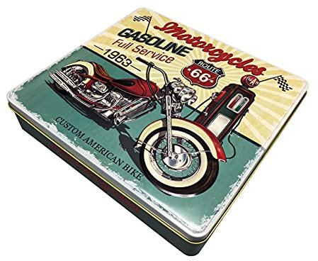 MediMuc Retrodose Motorcycles Gasoline - Vorratsdose, Keksdose, Blechdose im Retro-Look mit vielen Details - lebensmittelecht - Vol. 1,9l - Maße: (L x B x H): 23,0 x 21,5 x 2,2cm