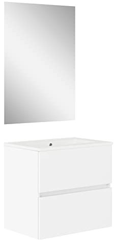 Baikal, Conjunto de baño Natura. Mueble de Baño de Fondo Reducido, con Lavabo cerámico. Distribución Dos Cajones. Mueble MONTADO. Dos Cajones con Espejo. Fondo 39cm 60 cm Blanco