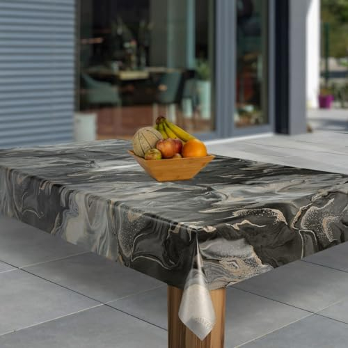 laro Wachstuch-Tischdecke Abwaschbar Garten-Tischdecke Wachstischdecke PVC Plastik-Tischdecken Eckig Meterware Wasserabweisend Abwischbar G03, Muster:Marmoriert Schwarz Beige Grau, Größe:110x180
