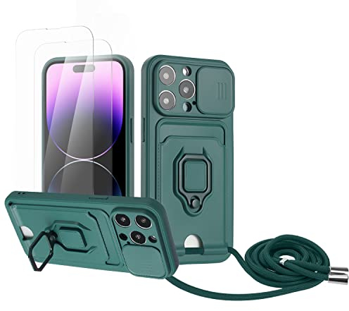 Zallagre Funda con Cuerda Compatible con iPhone 14 Pro MAX,[2 Packs Cristal Templado],Ranura para Tarjetas,Cubierta de Cámara Deslizante Proteger,360 Anillo Soporte-Verde Oscuro