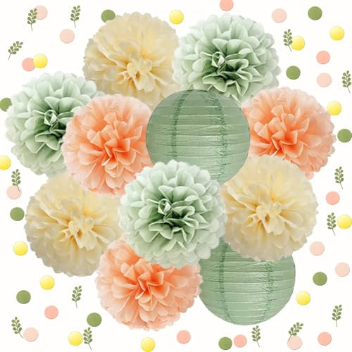 Party Deko Salbeigrün Pfirsich Seidenpapier Pom Poms Papierlaternen Konfetti Punkte Streutisch Dekoration für Salbeigrün Pfirsich Geburtstag Neutral Babyparty Hochzeit Party Deko