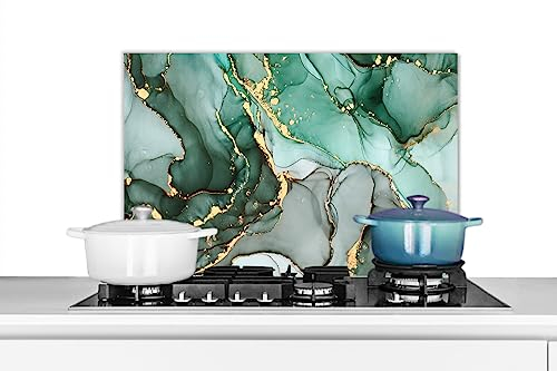 KitchenYeah© Fond de Hotte 60x40 cm Aluminium Crédence Cuisine Décoration Murale Crédence Plaque de Cuisson Anti Projection Or - Marbre - Vert - Luxe - Aspect marbre - Gris