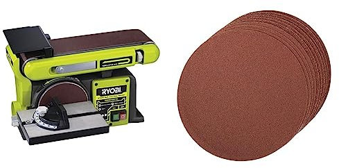 RYOBI - Ponceuse Stationnaire à Bande et à Disque - Puissance 370 W - Livrée avec 1 Bande de Ponçage 50 x 686 mm et 1 Disque de Diamètre 150 mm - RBDS4601G & Silverline 787856 Lot de 10 Disques