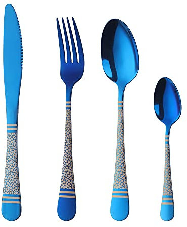 Buyer Star Cutlery Set, 16 Piece Stainless Steel Flatware Silverware Set, Classic Snake Lines Pattern Tableware Silverware Set with Spoon/Knife/Fork for Home Party Restaurant (Blue)