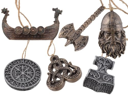 6er Set, Hänger Wikingerschiff, handbemalt, bestehend aus Thor's Hammer, Wikingerkompass,Drakkar, Axt,Kopf,Midgardschlange