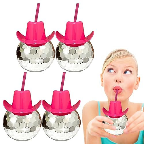 Single Girl With Straws Disco Ball Dance Holiday Wine Cowgirl Hat Cups