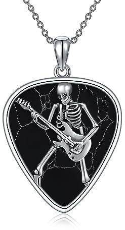 CUPENDA Plektrum Halskette Sterlingsilber Skelett Schädel Gitarren Anhänger Halskette Musik Schmuck Geschenke für Frauen Mädchen Gitarrenliebhaber