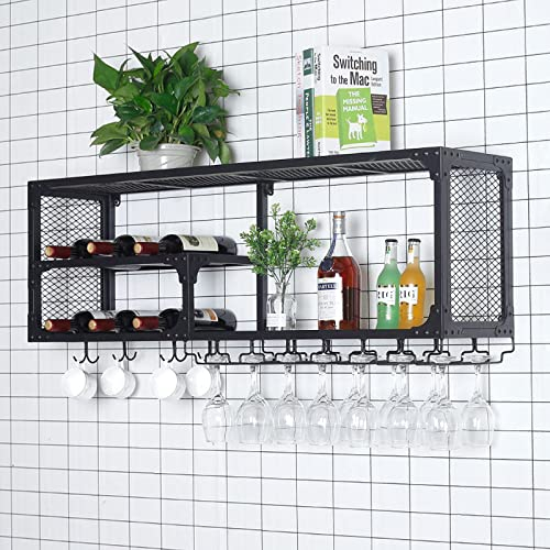 Industrielles Weinregal für die Wand, 2-lagiger hängender Weinglasregal-Flaschenhalter, schwebende Metallregale für Wandbücherregal, Starke Tragfähigkeit (Größe: 60 * 30 * 45 cm) (80 * 30 *
