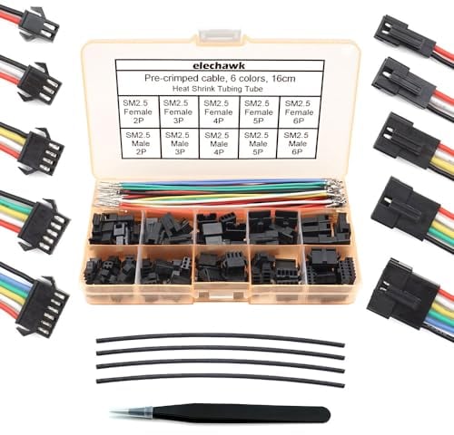 SM 2.5mm Connectors Male Female Plugs Sockets with 22AWG Pre-Crimped Silicone Cables Wire Compatible with JST SM Connectors 2.5mm 2.54mm Pitch 2 3 4 5 6 Pin Housing Kit