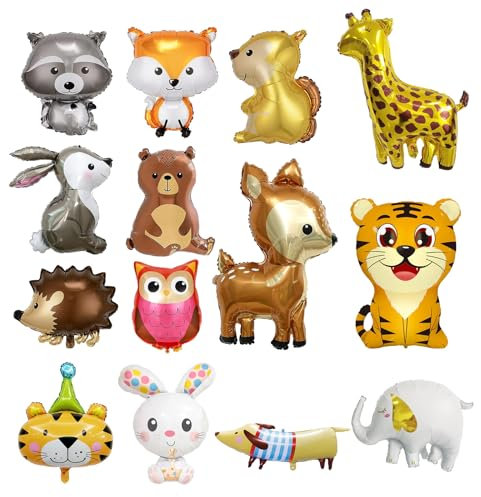 14 Stück Tiere Luftballons Set, Dschungel Tiere Folienballon, Luftballons Geburtstag für Kinder Junge Mädchen Geburtstag Party Deko