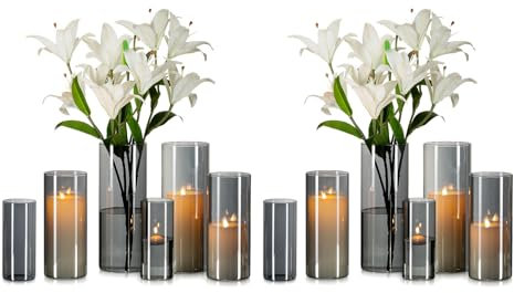 Glasseam Grau Glasvase Zylinder Vase Rund: 12er Moderne Glasvasen Set für Wohnzimmer Tischdeko - Anthrazit Große Vasen Glas Tulpen Rose Zylindervasen Windlicht für Stumpenkerzen (15/20/25cm)