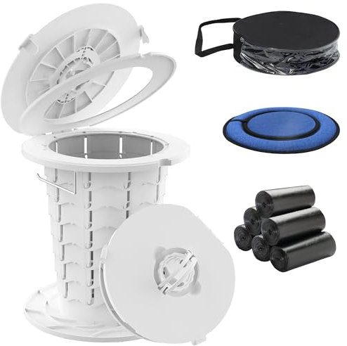 ALEVMOOM Tragbare Campingtoilette mit Deckel,Mobile Toilette mit Sitzkissen 6 Rollen Müllsäcke Tragetasche,faltbare toilette erwachsene mit Papierrollenhalter für Camping,Wandern,Reisen,Angeln