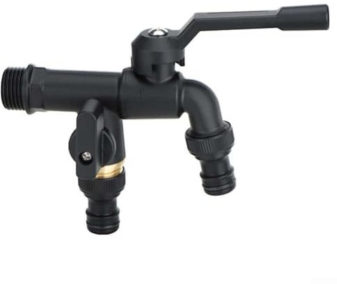 Grifo de manguera de jardín negro, doble grifo para riego extremo de manguera de riego, jardín, hogar e industrial (doble cabezal)