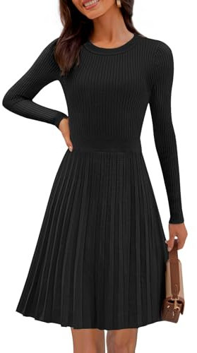 MEROKEETY Women's 2025 Long Sleeve Mini Sweater Dress Crewneck Ribbed Knit A Line Pleated Swing Short Dresses, Black, L