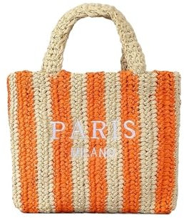 Eaiss Gestreifte handgewebte Strohtasche für Frühling und Sommer, bestickte Buchstaben, Strandurlaub, Umhängetasche, kontrastfarbene Papierhandtasche, S, Beige, Orange, Einheitsgröße