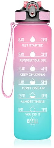 Borraccia sportiva motivazionale con cannuccia, bottiglia d'acqua con indicatore del tempo di bere, bocca larga, a prova di perdite, materiale Tritan, senza BPA, con tracolla (sfumato rosa blu)