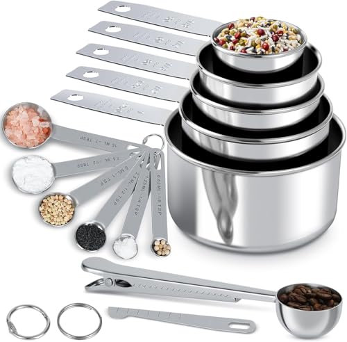 13 Stück Edelstahl Messbecher und Messlöffel Set, Messbecher & Löffel mit Messlineal Scoop mit Clip Dosierlöffel Set mit Kaffeelöffel Portionierer, Zum Kochen, Backen, Getränke
