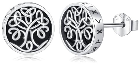 YueYuan Black Onyx Stud Earrings 925 Sterling Silver Viking Rune Earring for Men Tree of Life earrings Norse Mythology Jewellery Gift