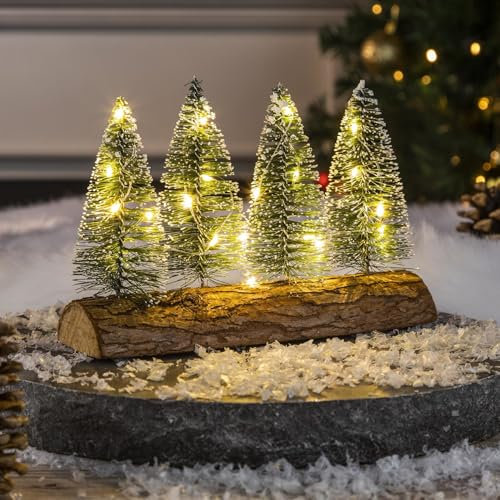Bambelaa! Tronco d'albero a LED con 4 alberi, ca. 20 x 6,5 x 13,4 cm, con 20 LED bianco caldo, decorazione natalizia per interni a batteria