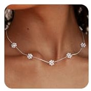 ZHESHY Gold Perlenkette Damen 14k Vergoldet Silber Halskette Weiße Perle Zarte Blume Beads Choker Layering Goldkette Silberkette Mit Anhänger Hypoallergene Hochzeit Geschenke Braut Frauen Modeschmuck