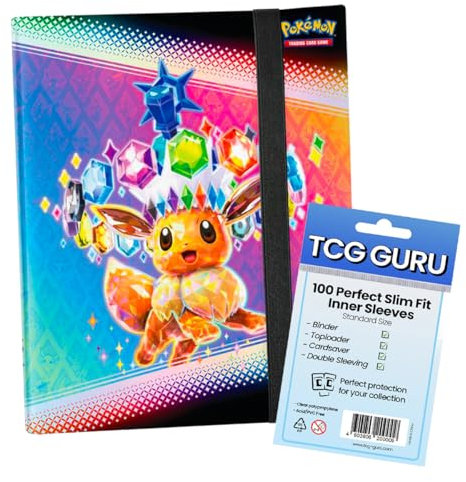 Prismatic Evolution Eevee Sammelalbum mit 100 TCG GURU Kartenhüllen, Pokémon Sammelkartenspiel
